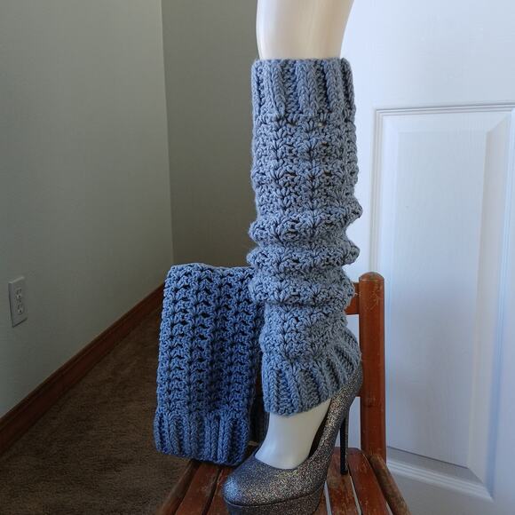 Hand Crafted Accessories - Oxford Grey Leg Warmers OSFM crochet warm thick chunky over knee dance premade